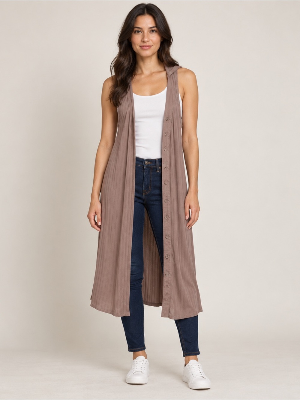 Almost Famous Taupe Long Ribbed Sleeveless Duster